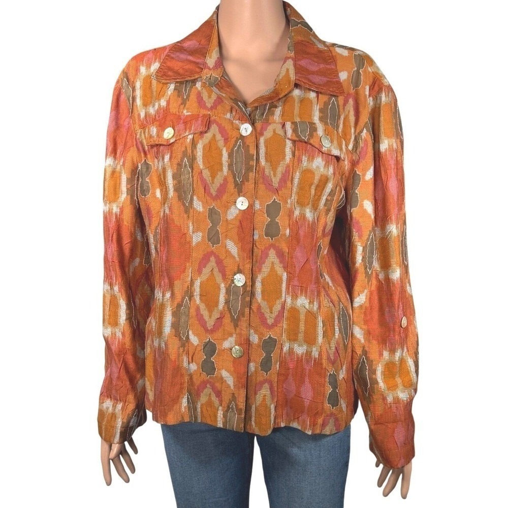Ruby Rd Womens Orange Ikat Crinkle Button Up Jacket Size Large Collared Pocket